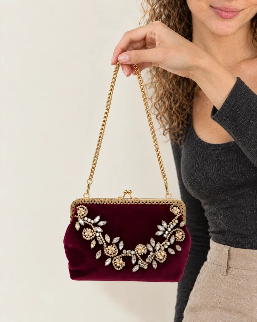 Pochette en velours à strass — en main, pour la taille