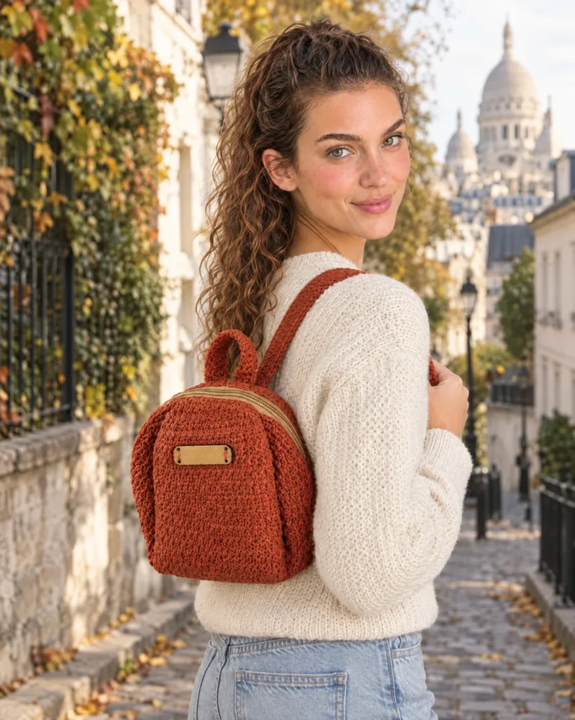 Small crochet backpack — worn