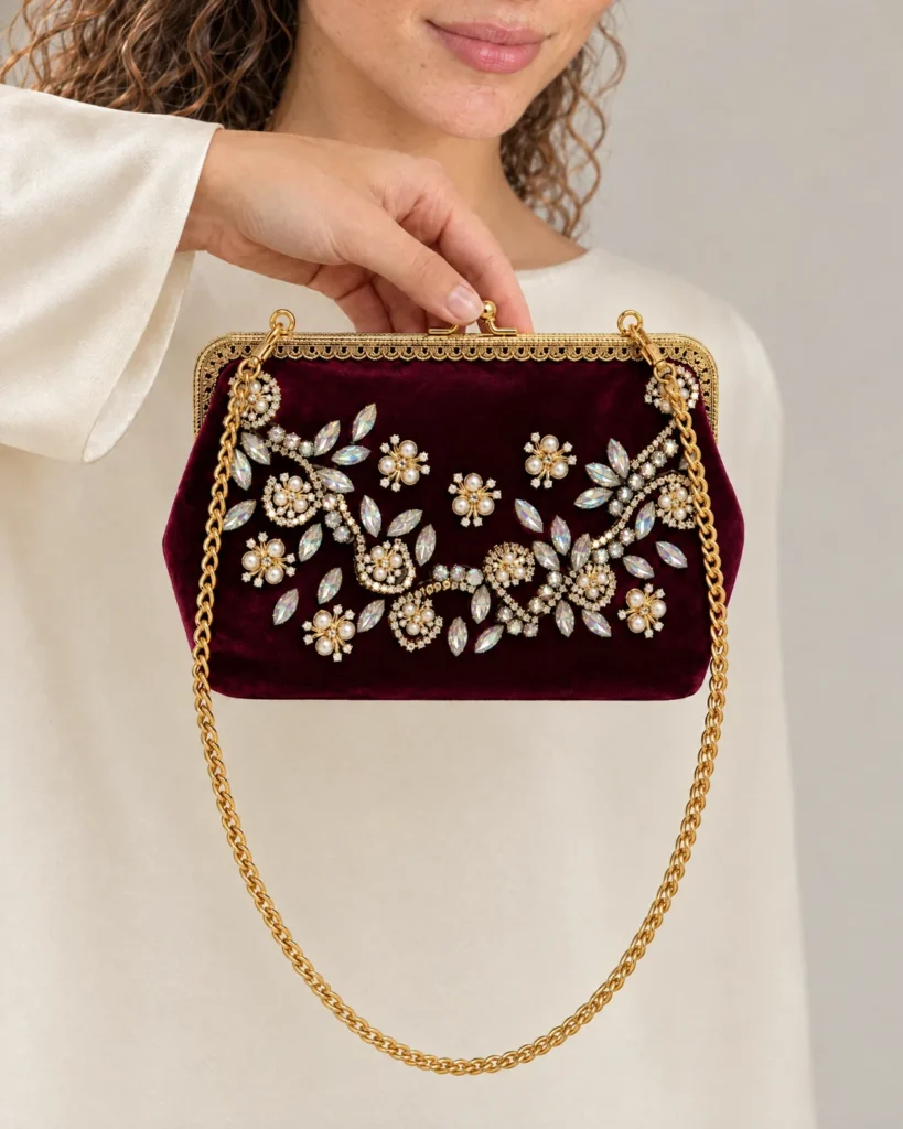 Sac de soirée en velours brodé perles & cristaux — en main, pour la taille