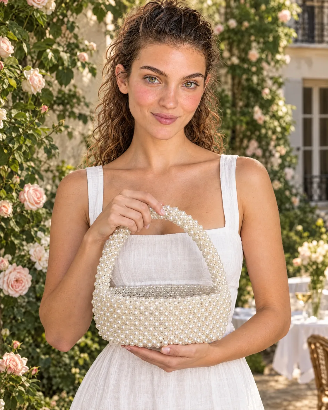 Sac seau en perles blanches — portée