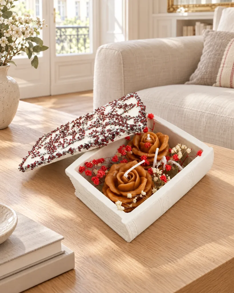 Caramel rose candle gift box — styled