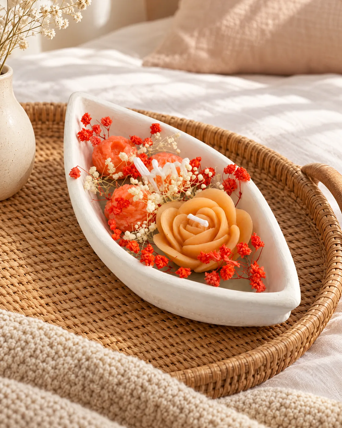 Bougie fleur rose orange — mise en scène
