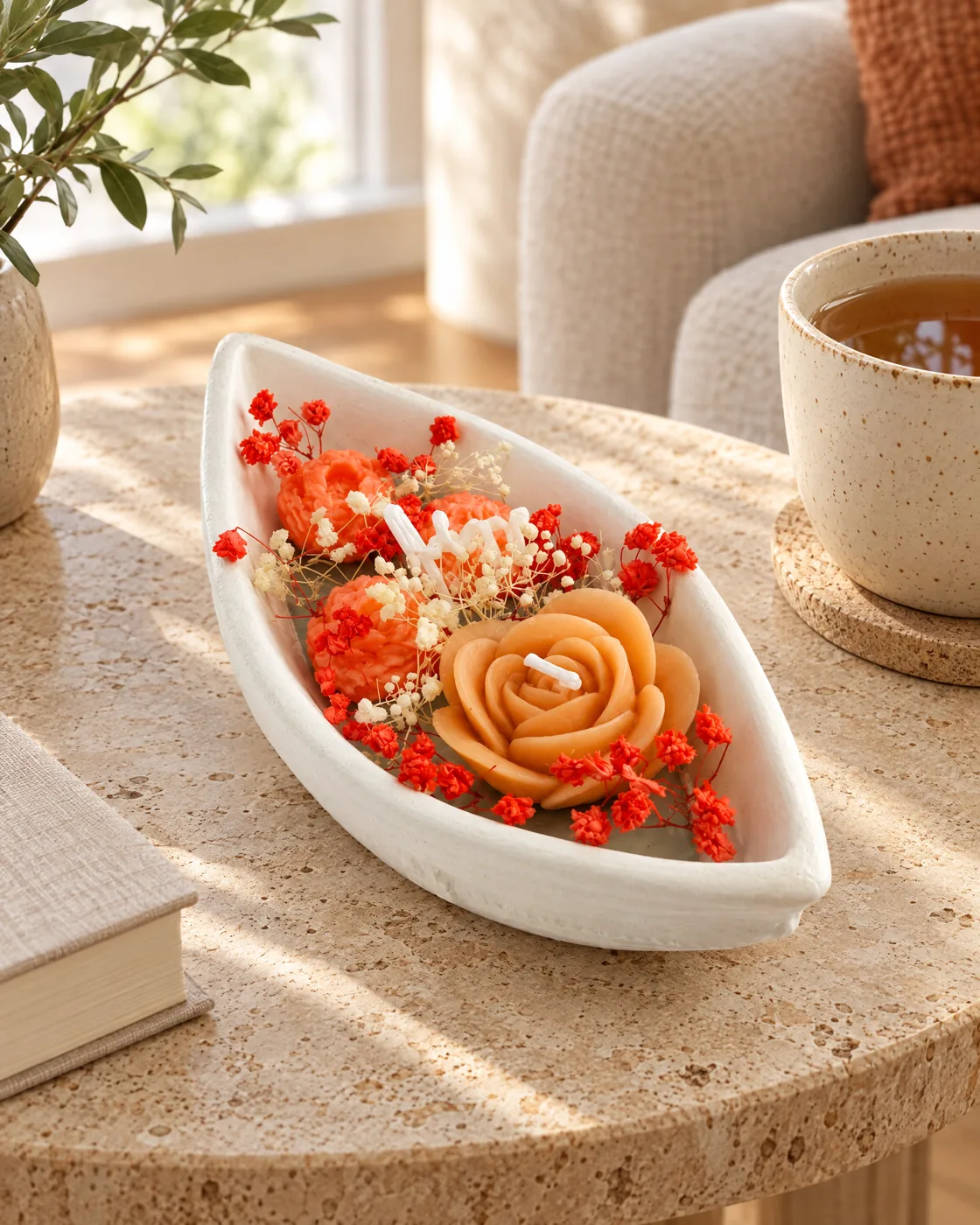 Bougie fleur rose orange — dans la maison