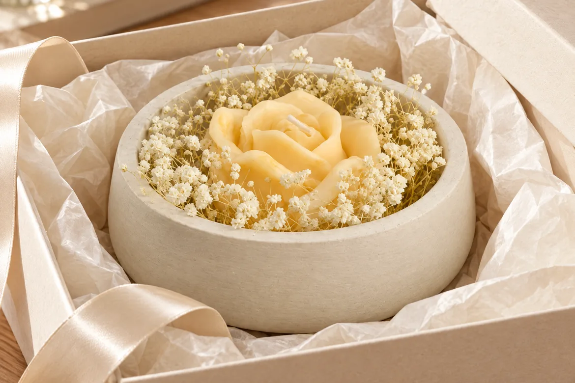 Bougie fleur rose crème — détail