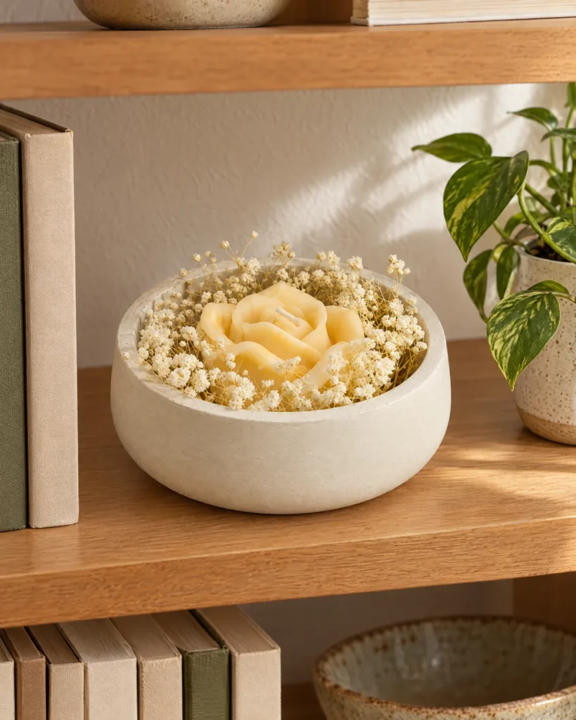 Cream rose flower candle — styled