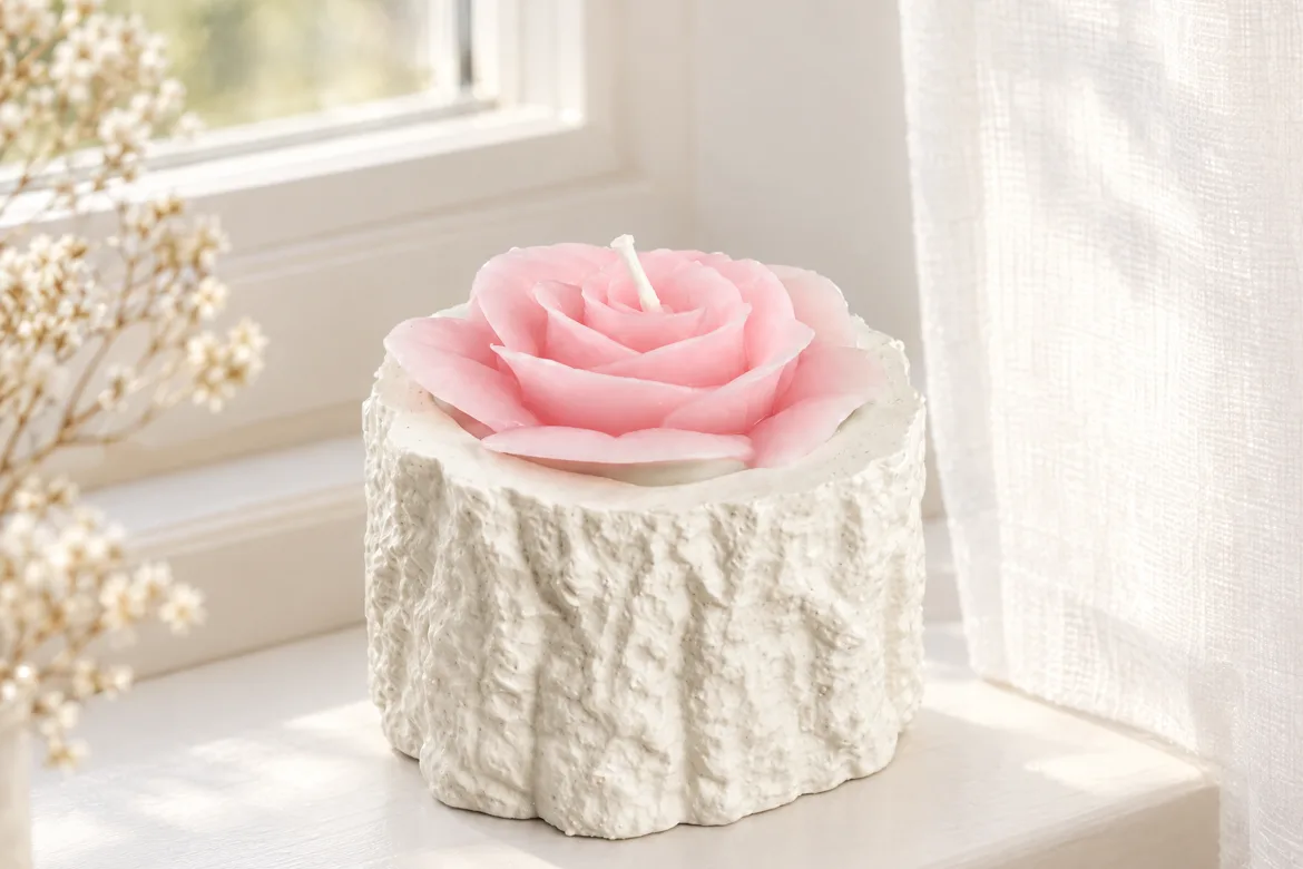 Bougie fleur rose poudrée — détail