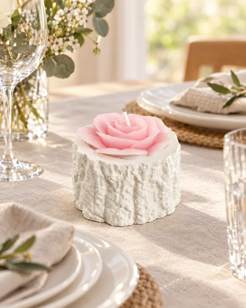 Powder-pink flower candle — styled