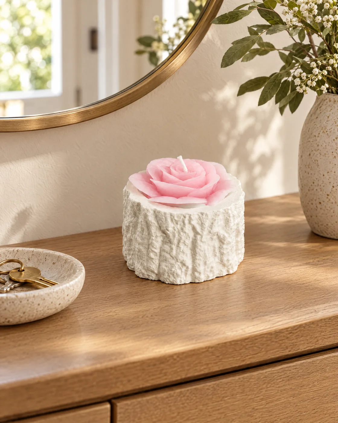 Bougie fleur rose poudrée — dans la maison