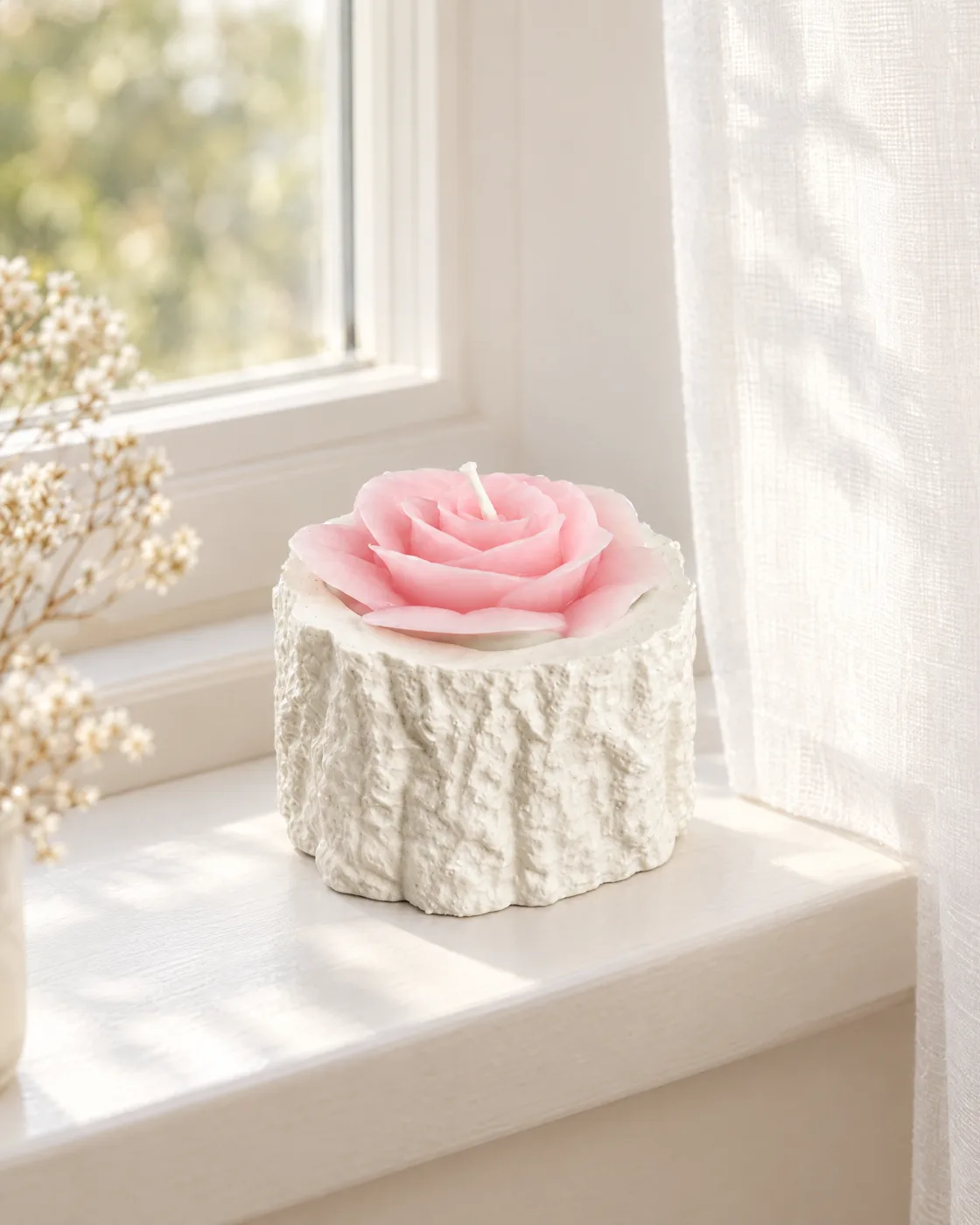 Bougie fleur rose poudrée — en situation