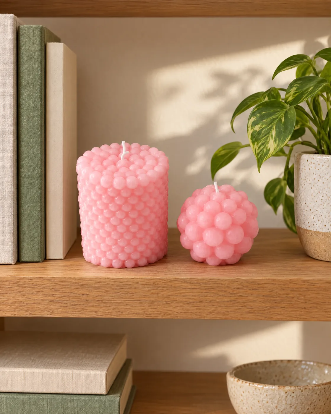 Duo de bougies perlées rose — mise en scène