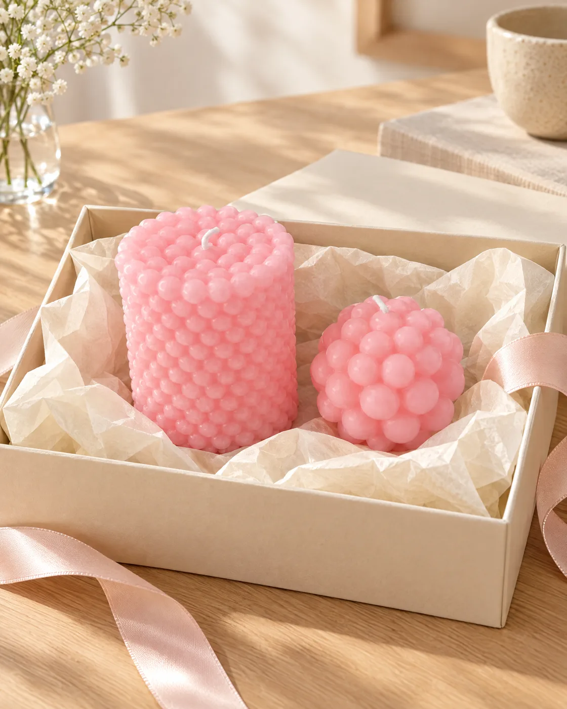 Duo de bougies perlées rose — en situation