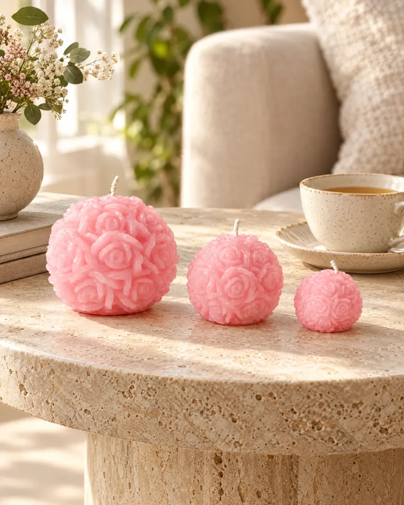 Rose ball candle trio — at home