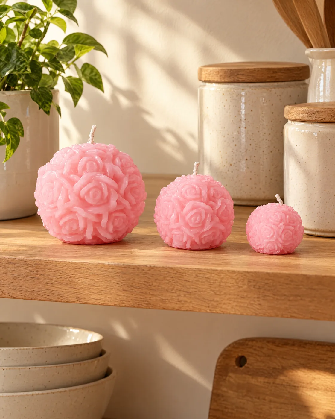 Trio de bougies boule de roses — en situation