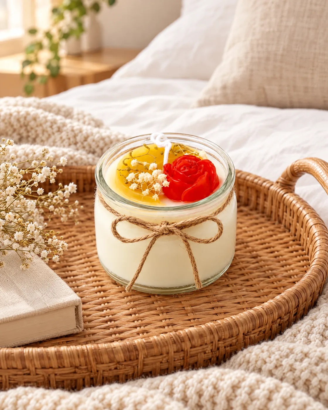 Bougie fleur en pot de verre — mise en scène