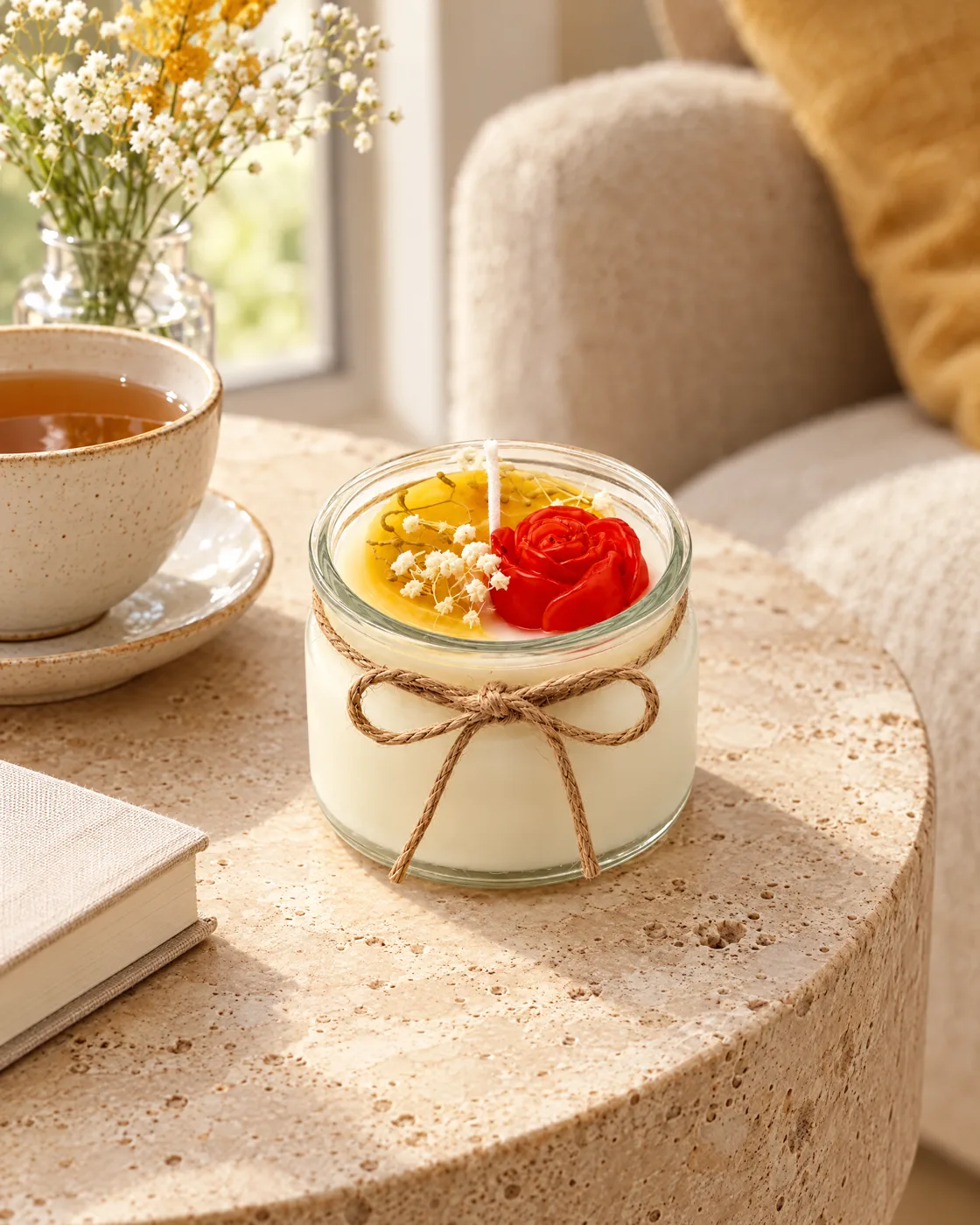 Bougie fleur en pot de verre — dans la maison