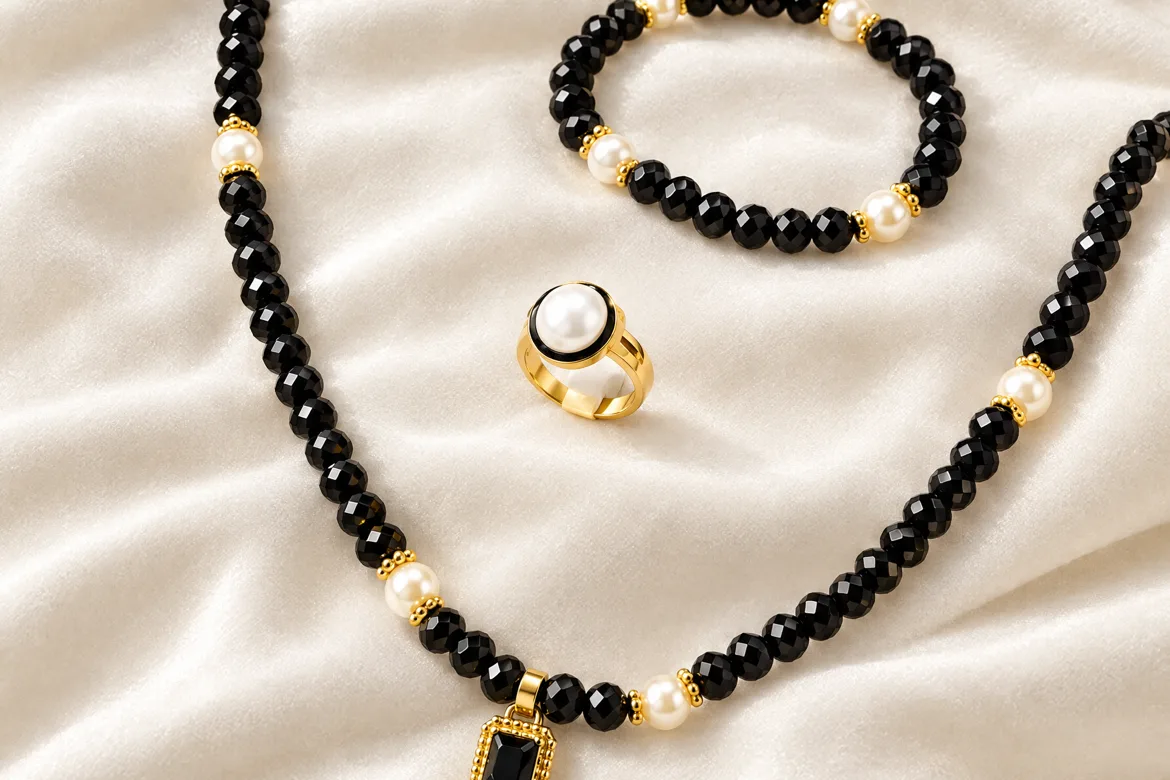 Parure cristal noir & perles nacrées — détail