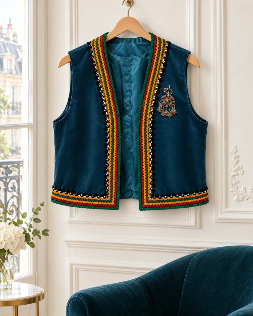 Petrol velvet occasion waistcoat — on a hanger