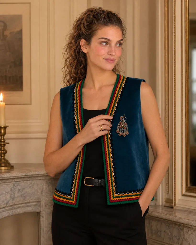 Petrol velvet occasion waistcoat — worn