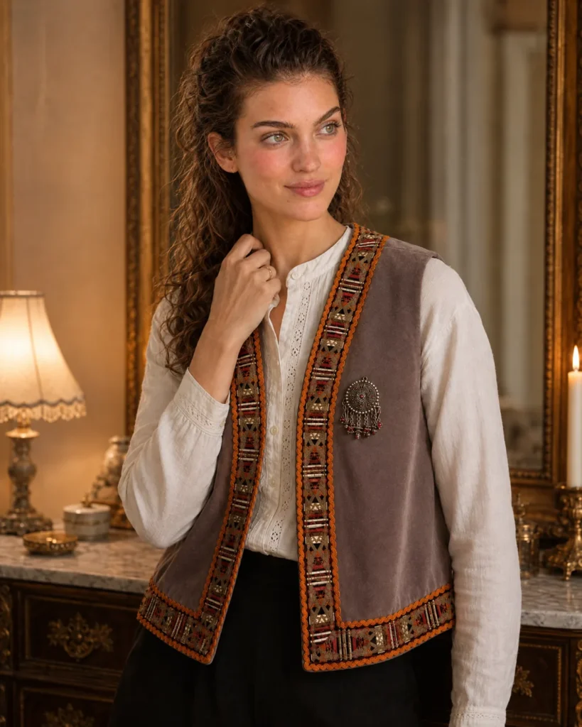 Sleeveless taupe velvet waistcoat — worn