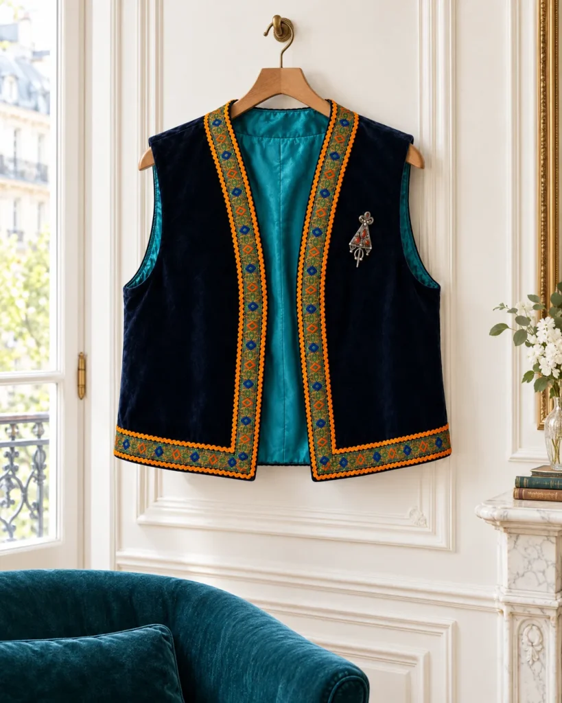 Sleeveless midnight-blue velvet waistcoat — on a hanger