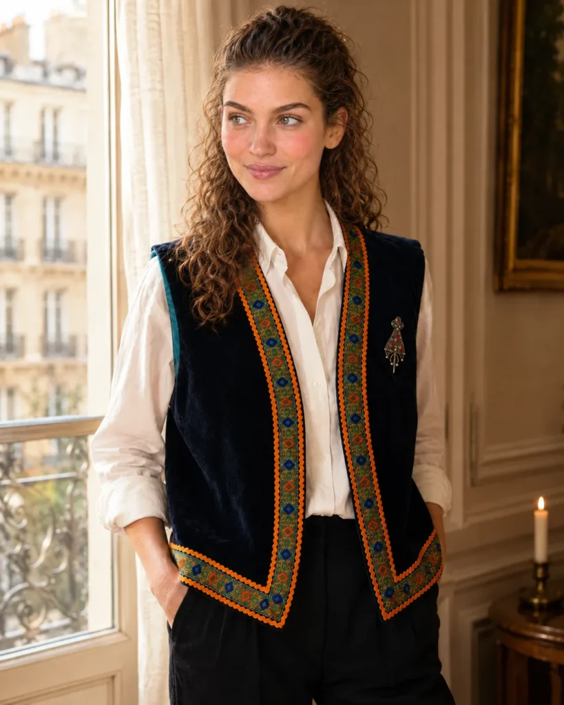 Sleeveless midnight-blue velvet waistcoat — worn