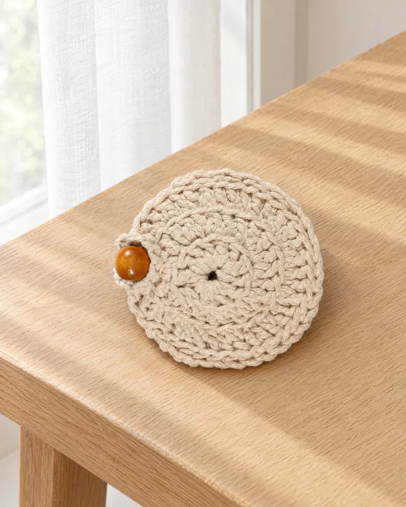 Round crochet coin purse — still life