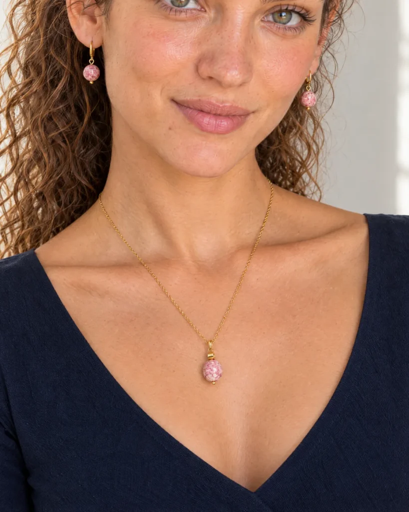 Parure quartz rose marbré — de près