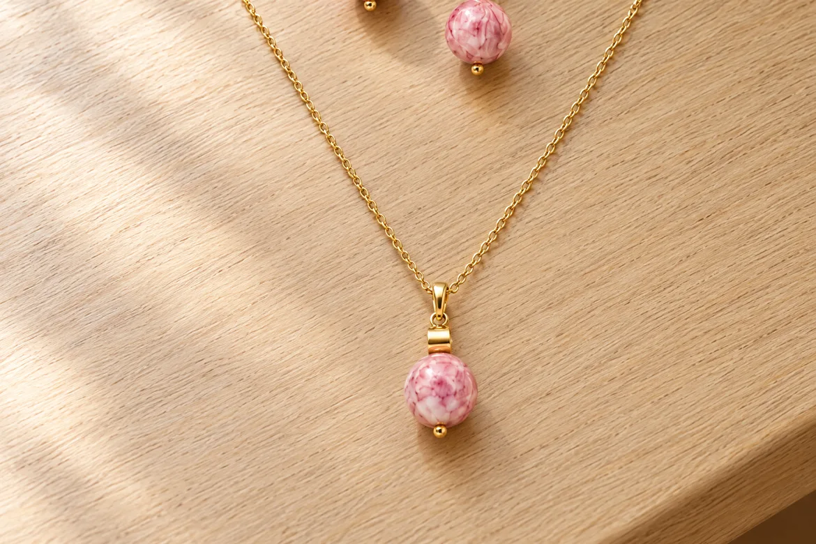 Parure quartz rose marbré — détail