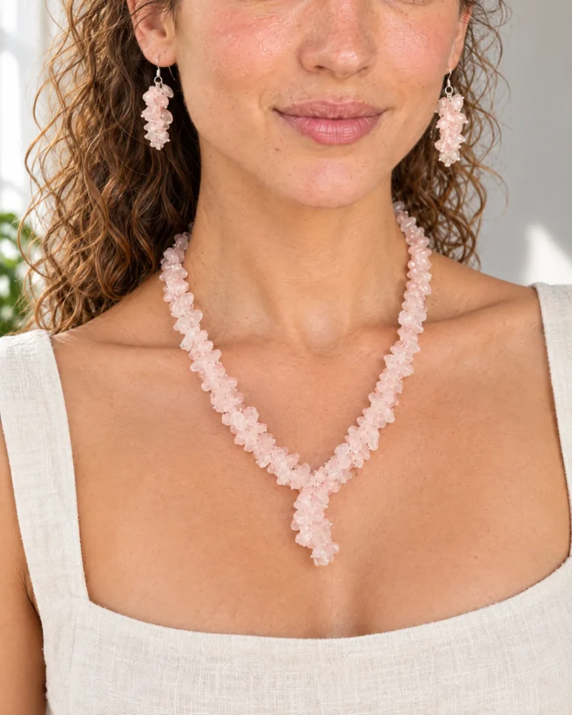 Parure quartz rose en éclats — de près
