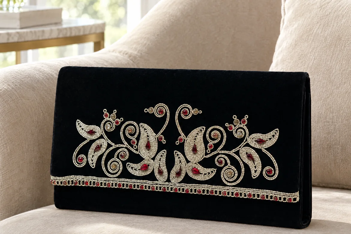 Pochette de cérémonie velours brodé argent — détail