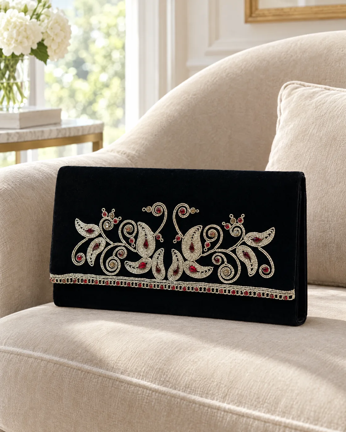 Pochette de cérémonie velours brodé argent — mise en valeur