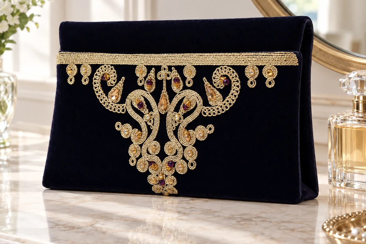 Pochette de cérémonie velours brodé or — détail