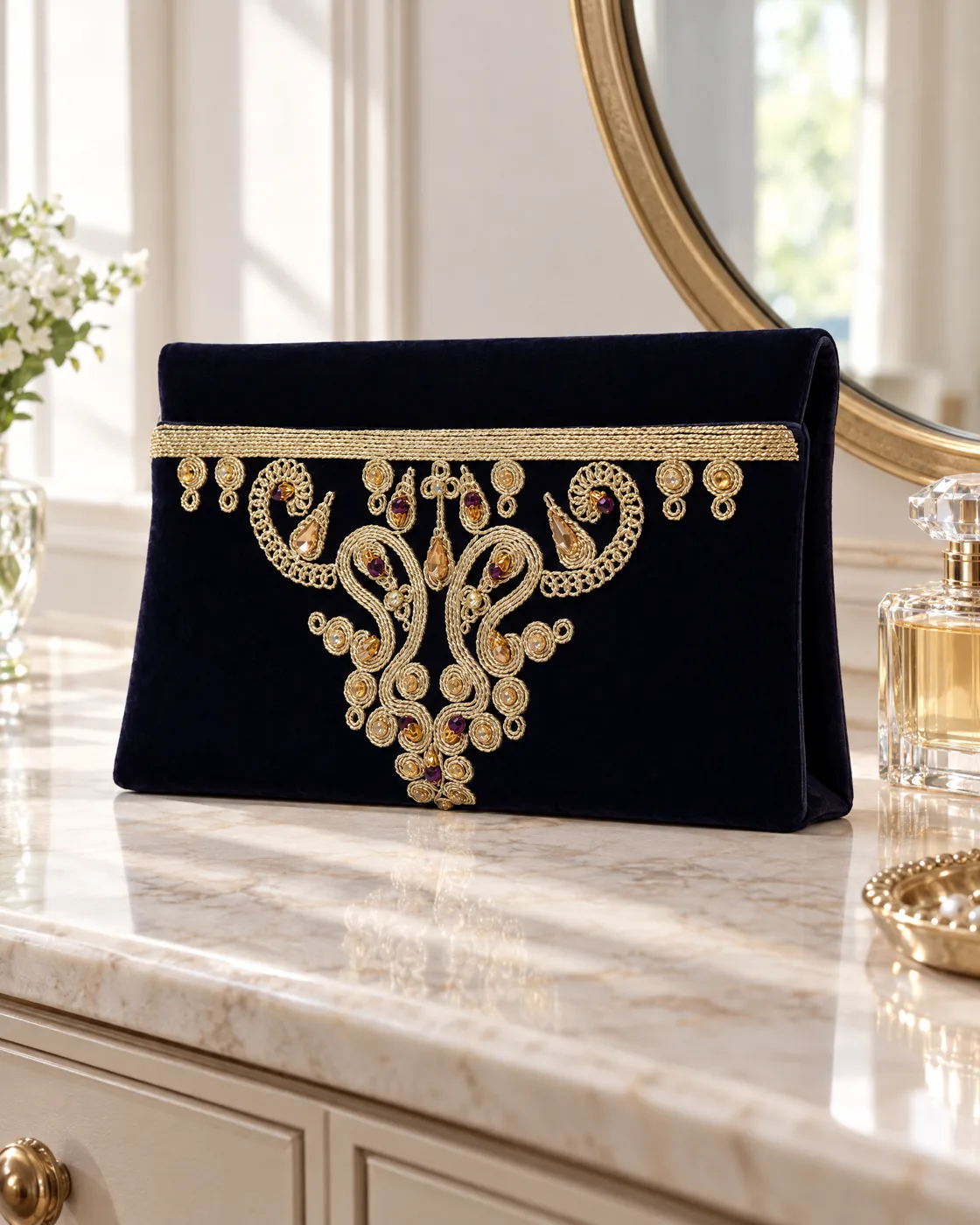 Pochette de cérémonie velours brodé or — mise en valeur