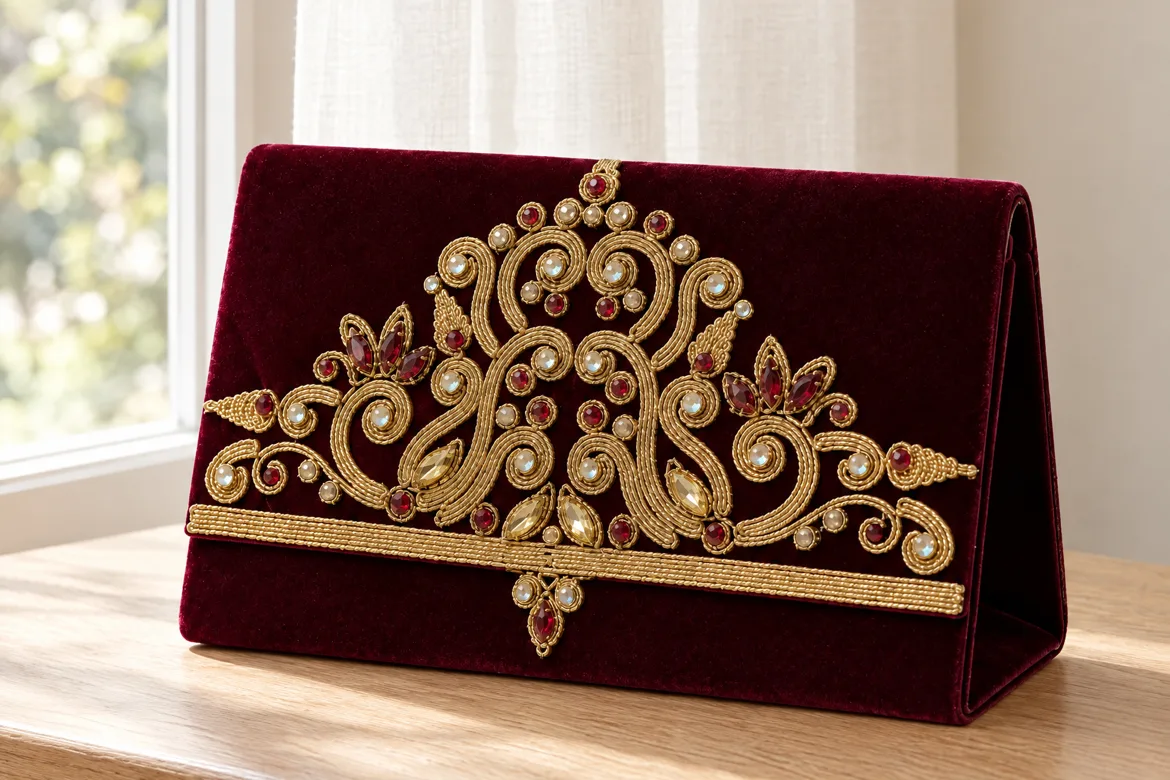 Pochette de cérémonie velours brodé or — détail