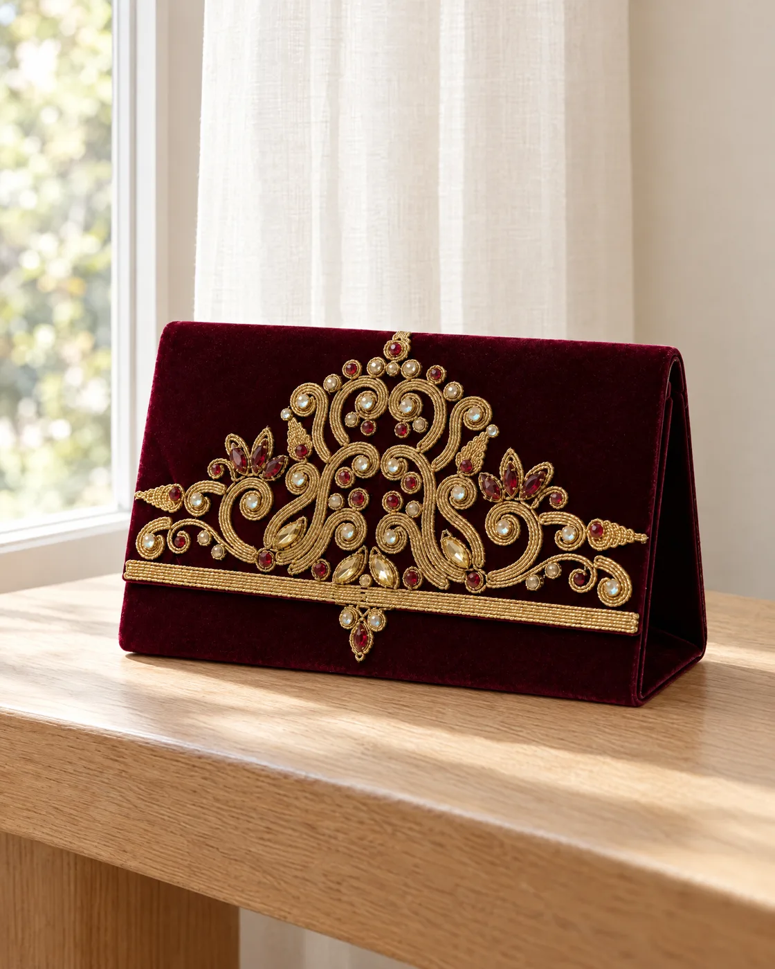 Pochette de cérémonie velours brodé or — mise en valeur