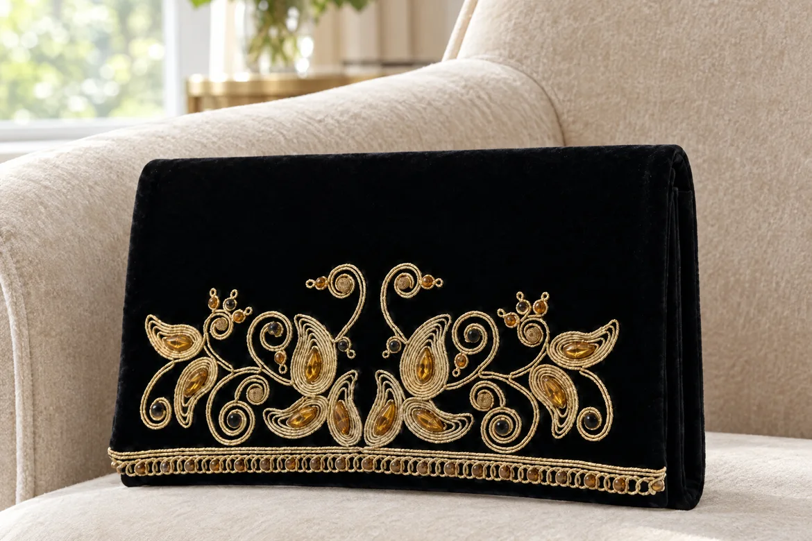 Pochette de cérémonie velours brodé or — détail