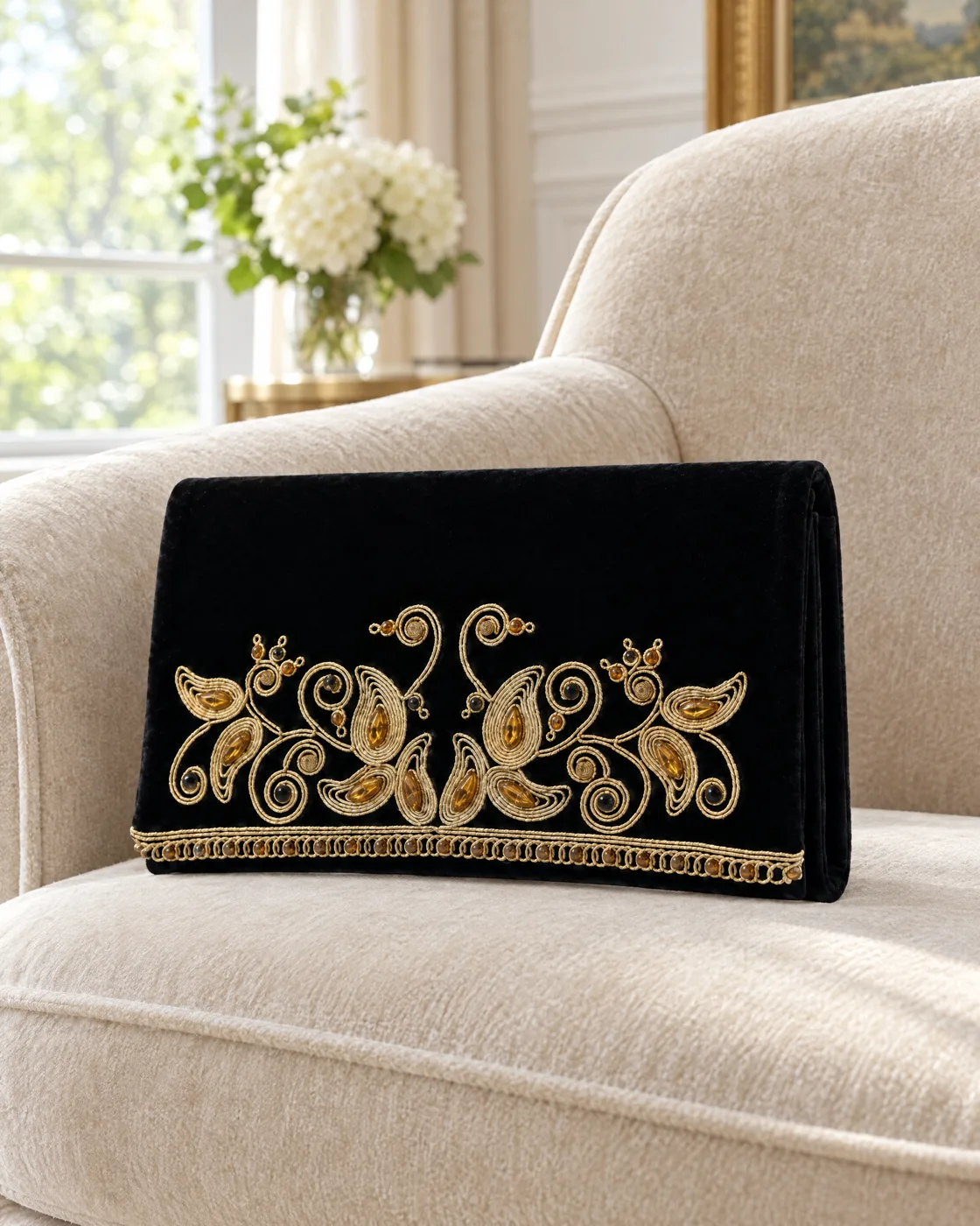 Pochette de cérémonie velours brodé or — mise en valeur