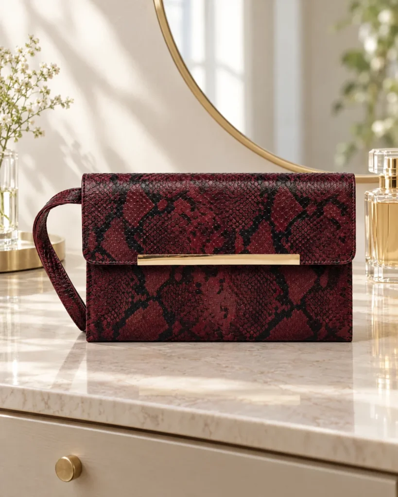 Burgundy python-effect clutch — styled