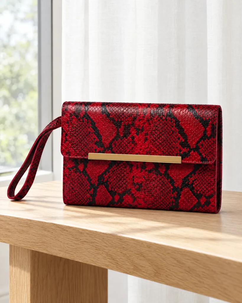 Python-effect clutch in red — styled