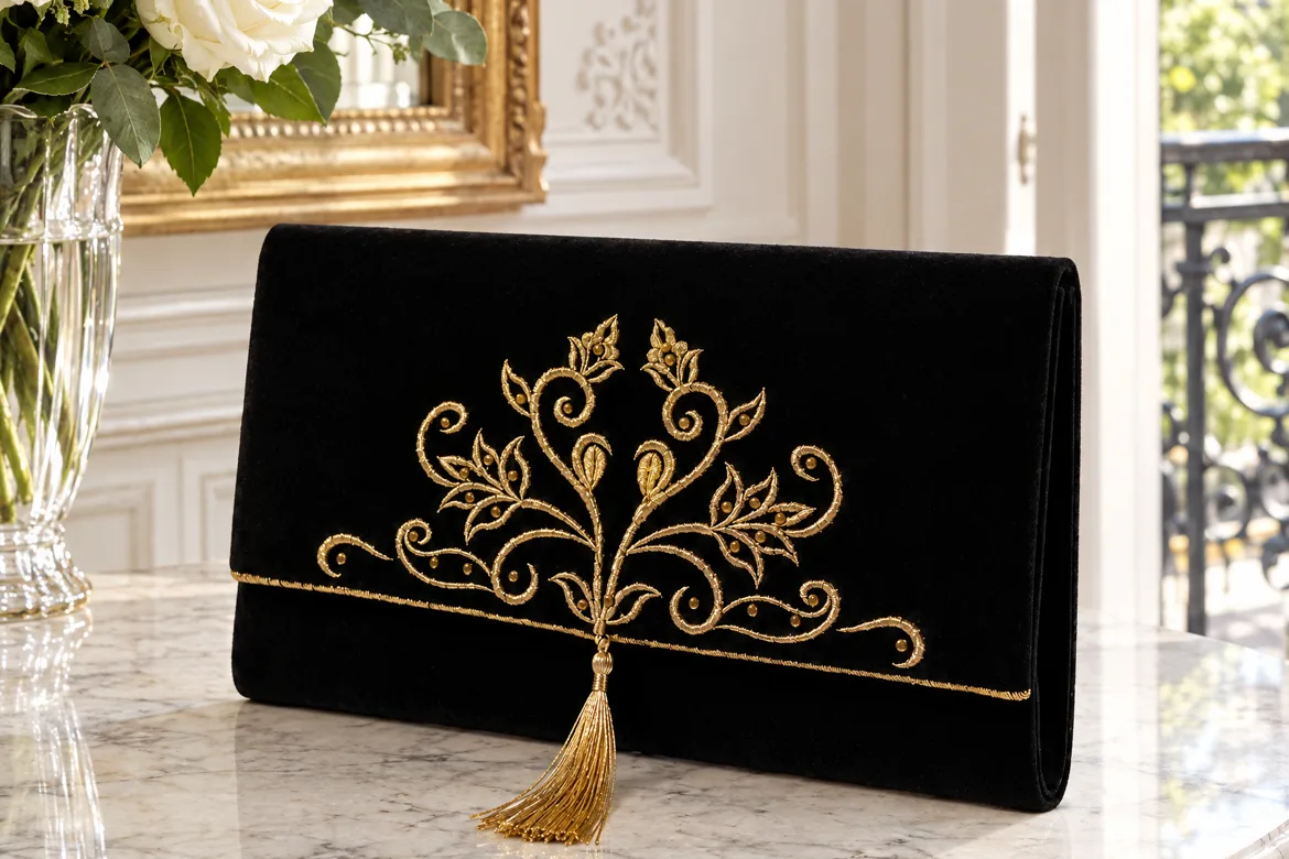 Pochette velours brodé or à pompon — détail