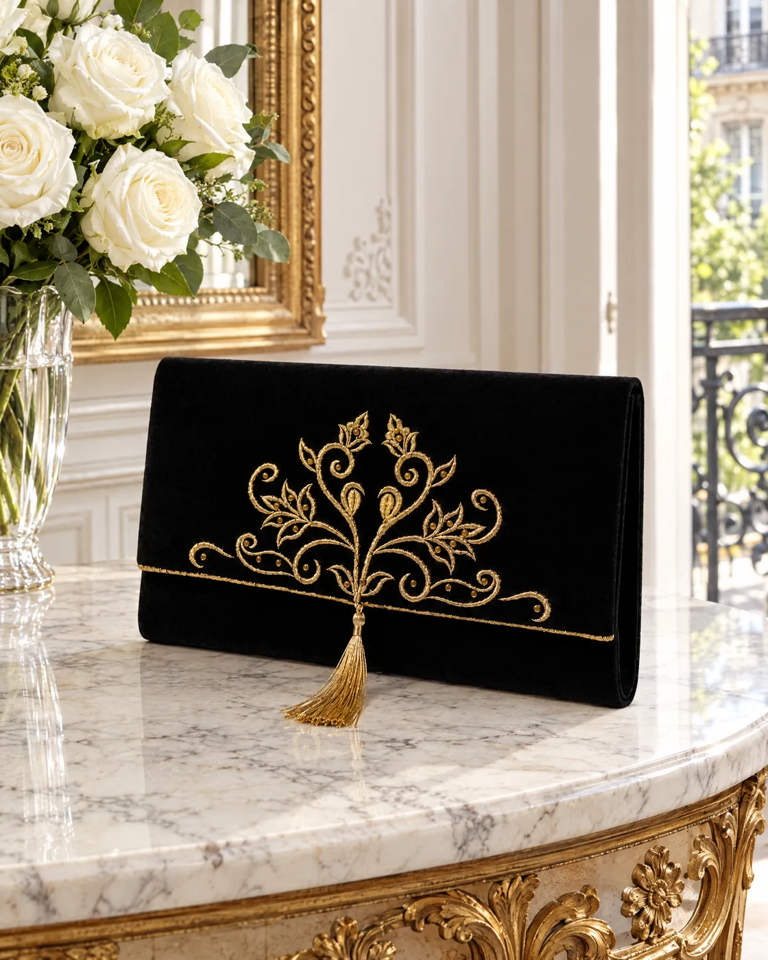 Pochette velours brodé or à pompon — mise en valeur