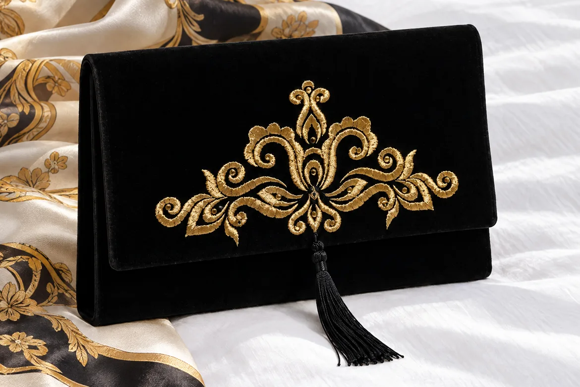 Pochette velours brodé or à pompon — détail