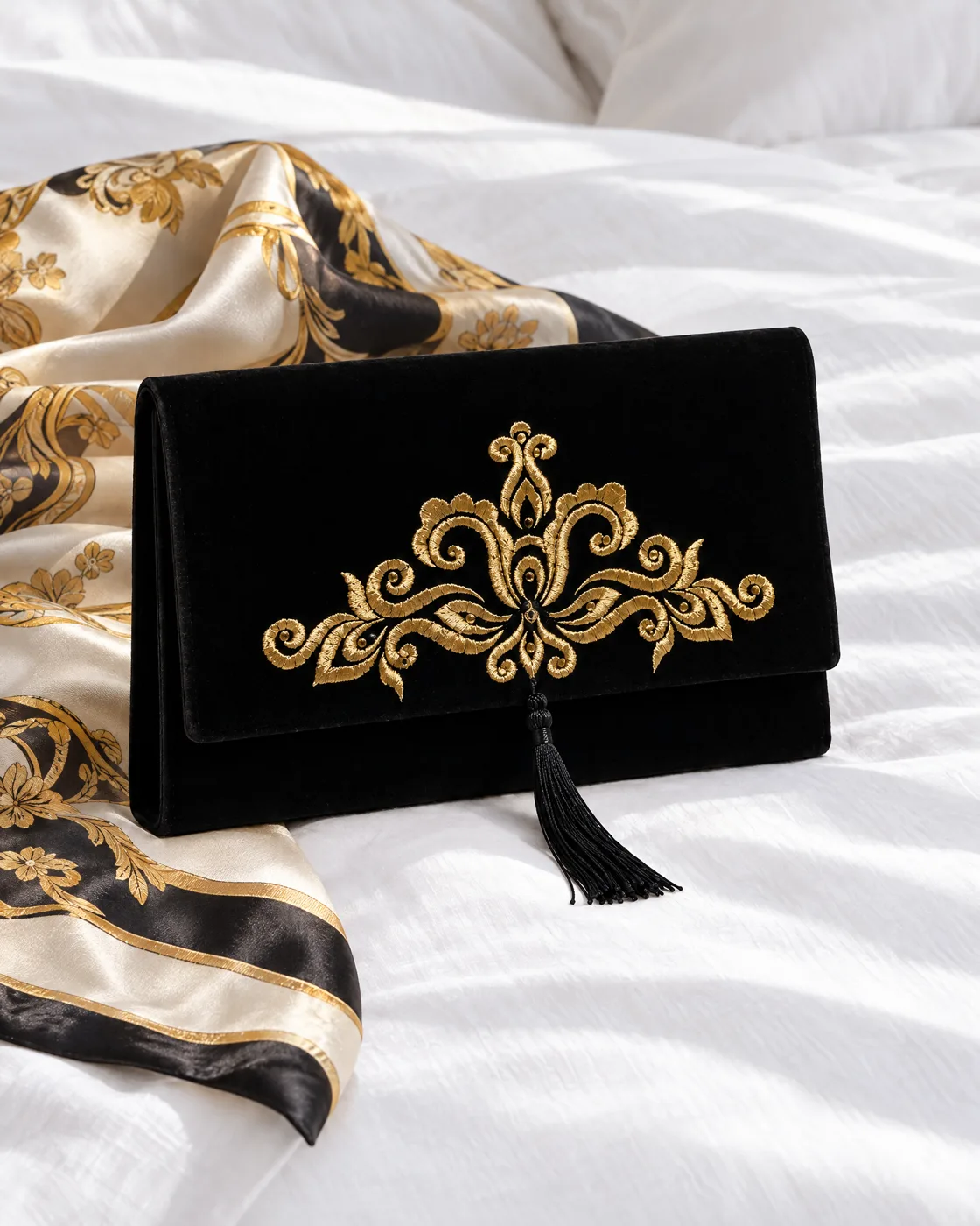 Pochette velours brodé or à pompon — mise en valeur