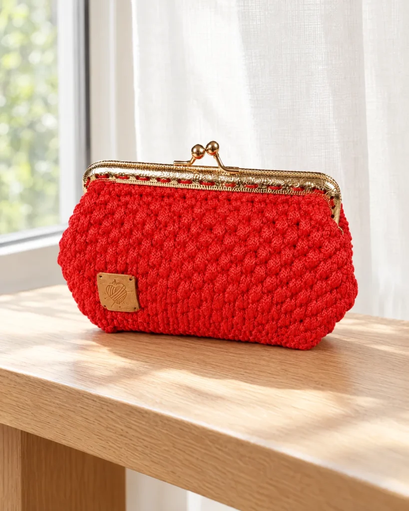 Crochet coin purse with gold-tone clasp — still life