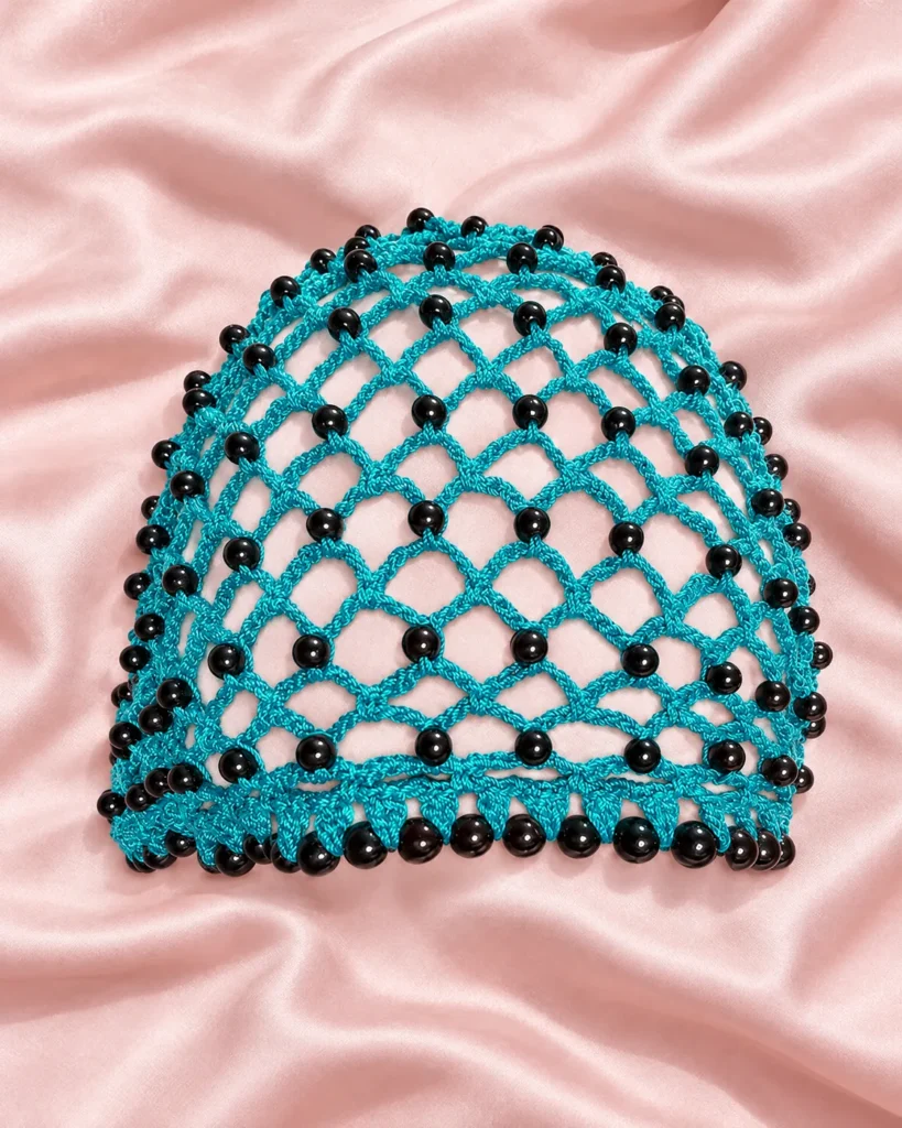 Beaded crochet hair snood — still life