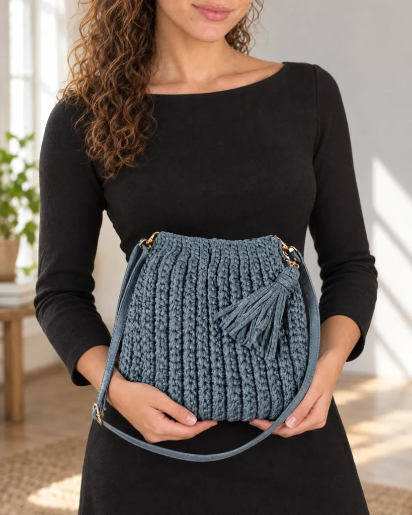 Sac bandoulière au crochet à pompon — en main
