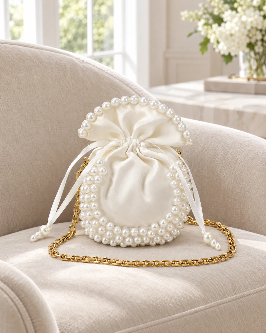 Sac bourse en satin ivoire — mise en valeur