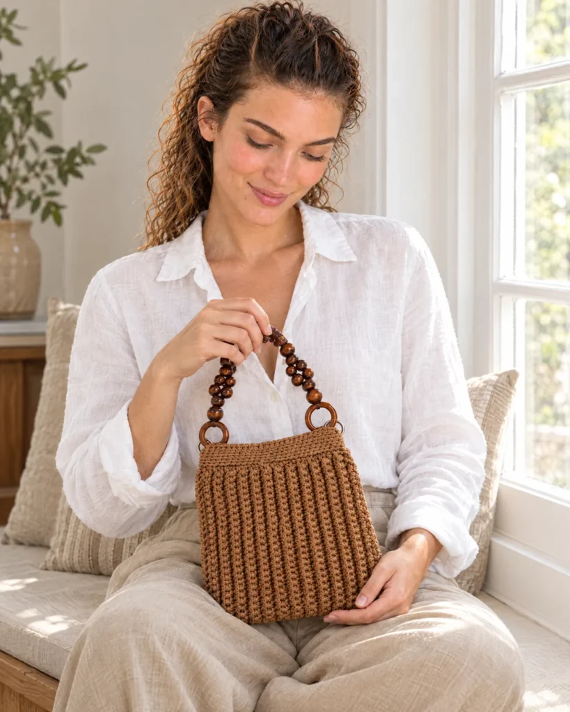 Sac au crochet à maille côtelée — en main