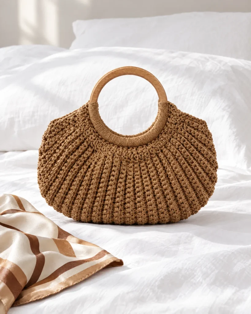 Crochet half-moon bag — still life