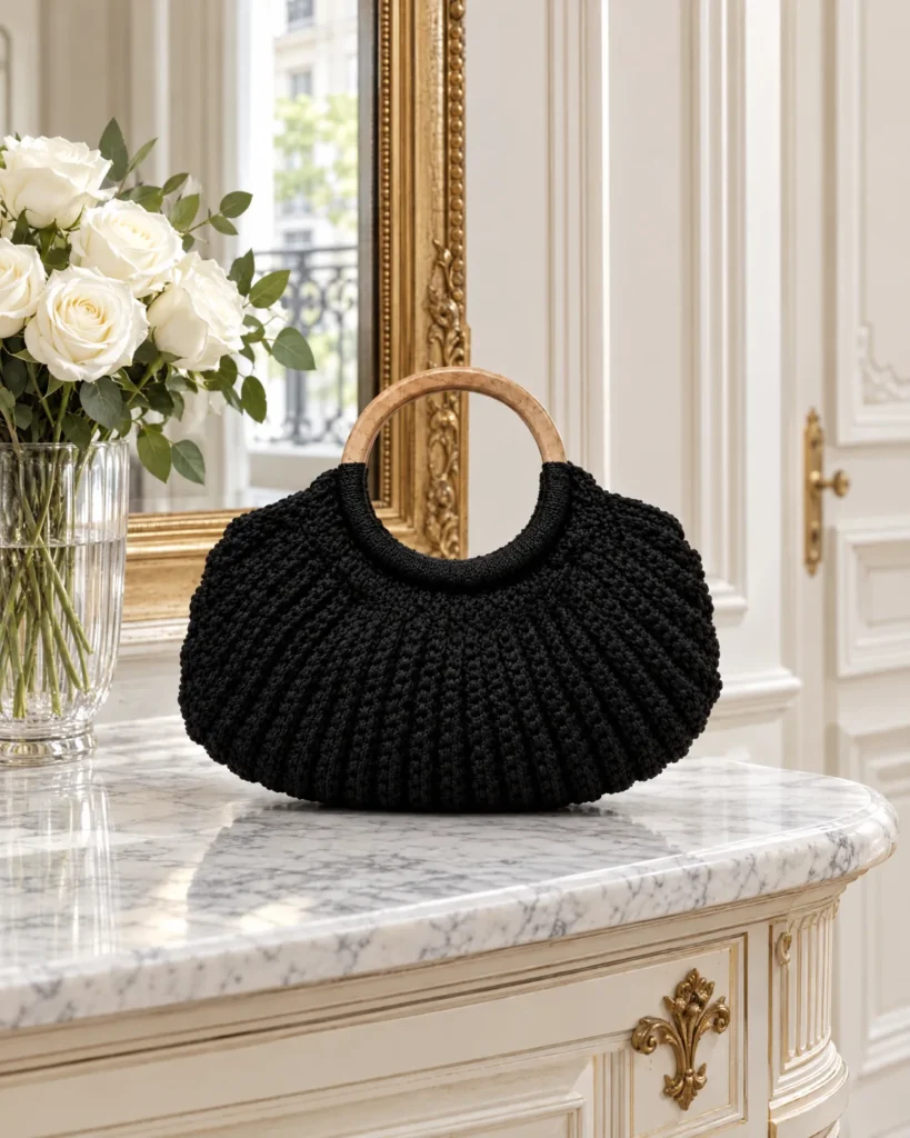 Crochet half-moon bag — still life